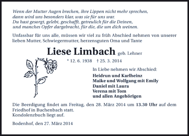  Traueranzeige für Liese Limbach vom 27.03.2014 aus 