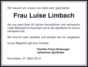 Traueranzeige von Frau Luise Limbach 