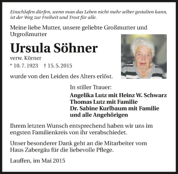 Traueranzeige von Ursula Söhner 