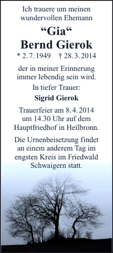  Traueranzeige für 'Gia'Berndt Giero vom 02.04.2014 aus 