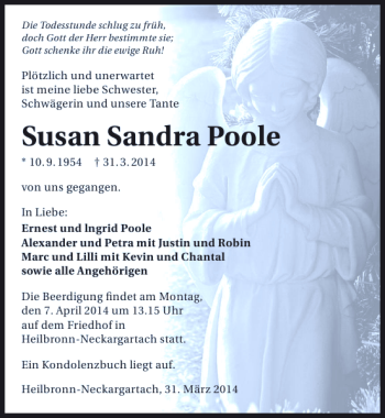 Traueranzeige von Susan Sandra Poole 