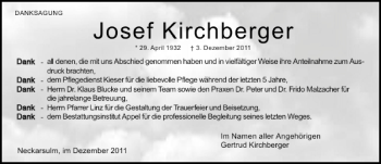 Traueranzeige von Josef Kirchberger 