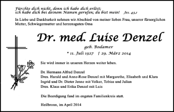 Traueranzeige von Dr. med. Luise Denzel 