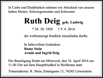 Traueranzeige von Ruth Deig 