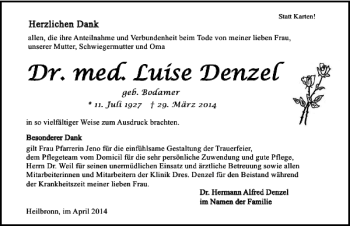 Traueranzeige von Dr. med. Luise Denzel 