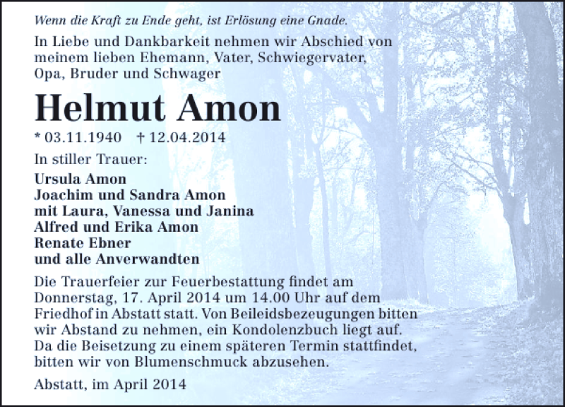  Traueranzeige für Helmut Amon vom 15.04.2014 aus 
