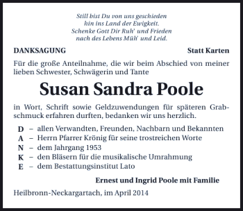 Traueranzeige von Susan Sandra Poole 