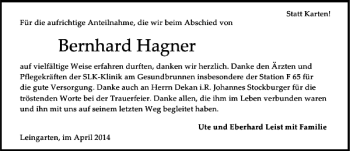 Traueranzeige von Bernhard Hagner 