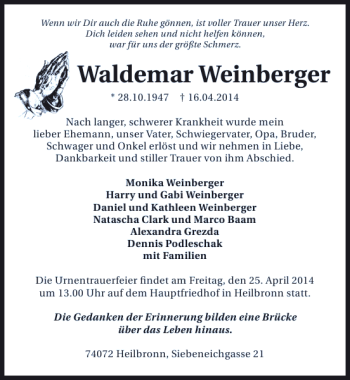 Traueranzeige von Waldemar Weinberger 