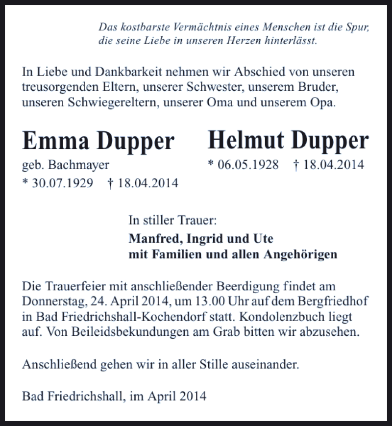  Traueranzeige für Emma Dupper Helmut Dupper vom 23.04.2014 aus 