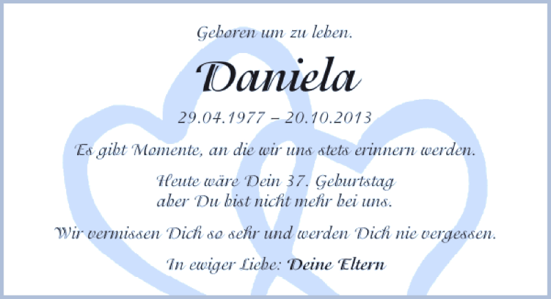  Traueranzeige für Daniela Daniela vom 29.04.2014 aus 