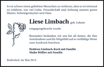 Traueranzeige von Liese Limbach 