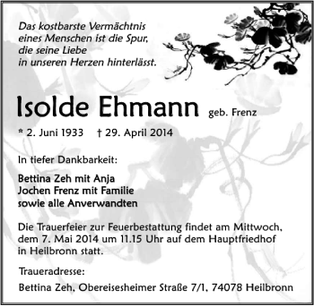 Traueranzeige von Isolde Ehmann 