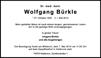 Traueranzeige von Dr. med. dent. Wolfgang Bürkle 