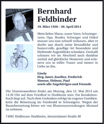 Traueranzeige von Bernhard Feldbinder 