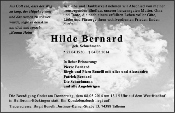 Traueranzeige von Hilde Bernard 