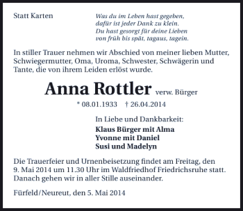 Traueranzeige von Anna Rottler 