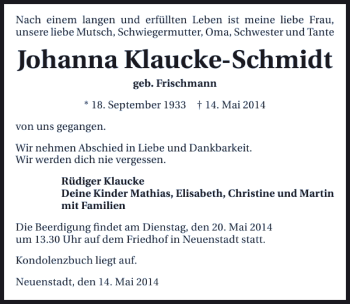 Traueranzeige von Johanna Klaucke-Schmidt 