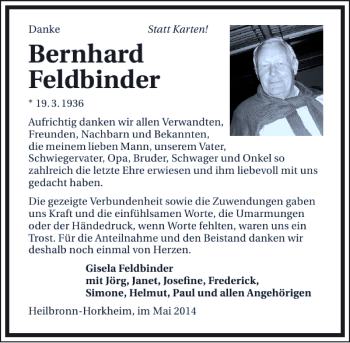 Traueranzeige von Bernhard Feldbinder 