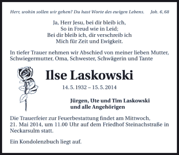 Traueranzeige von Ilse Laskowski 