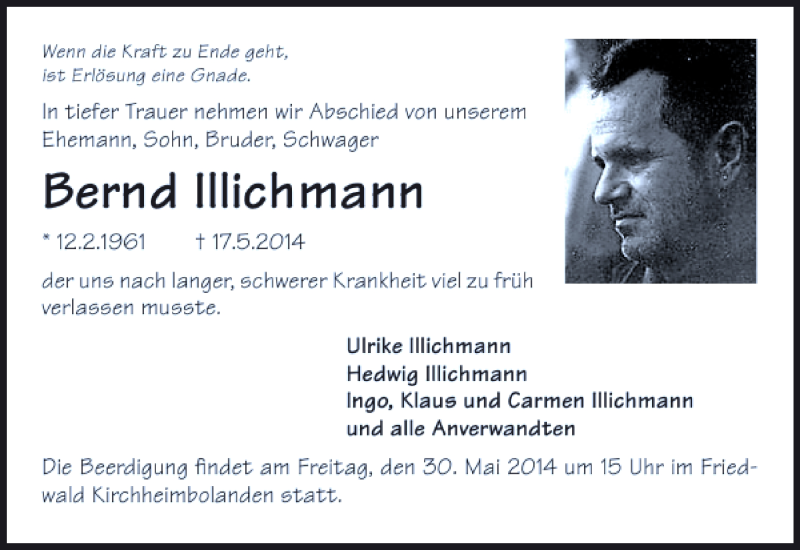  Traueranzeige für Bernd Illichmann vom 24.05.2014 aus 