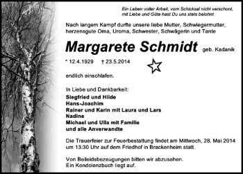 Traueranzeige von Margarete Schmidt 