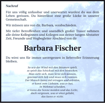 Traueranzeige von Barbara (Mitarbeiter) Fischer 