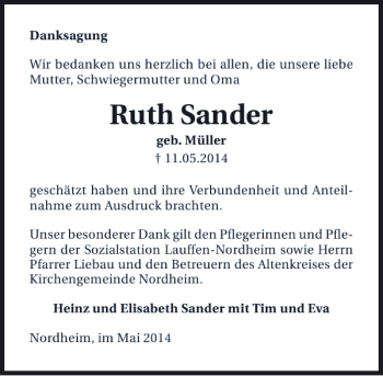 Traueranzeige von Ruth Sander 