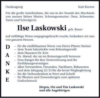 Traueranzeige von Ilse Laskowski 