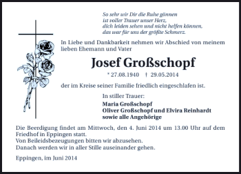 Traueranzeige von Großschopf Josef 