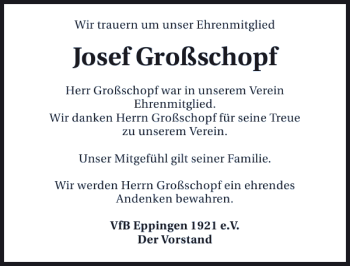 Traueranzeige von Josef Großschopf 