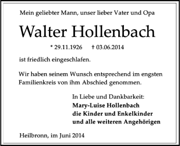 Traueranzeige von Walter Hollenbach 