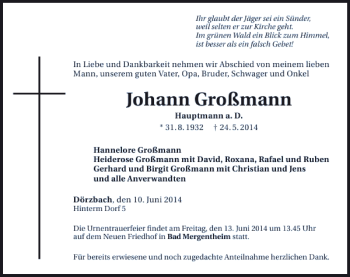 Traueranzeige von Johann Großmann 