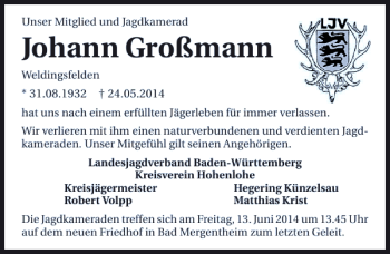 Traueranzeige von Johann Großmann 