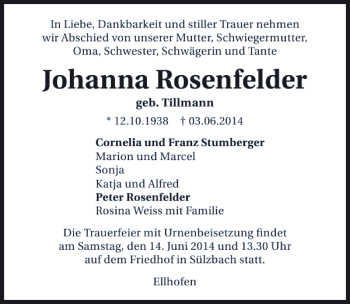 Traueranzeige von Johanna Rosenfelder 