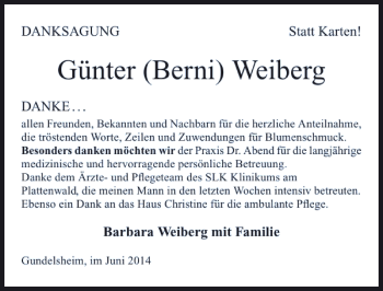 Traueranzeige von Günter Berni Weiberg 