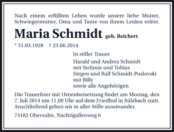 Traueranzeige von Maria Schmidt 