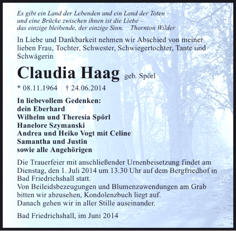  Traueranzeige für Claudia Haag vom 27.06.2014 aus 