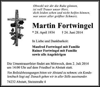 Traueranzeige von Martin Fortwingel 