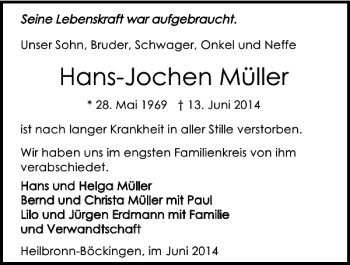 Traueranzeige von Hans-Jochen Müller 