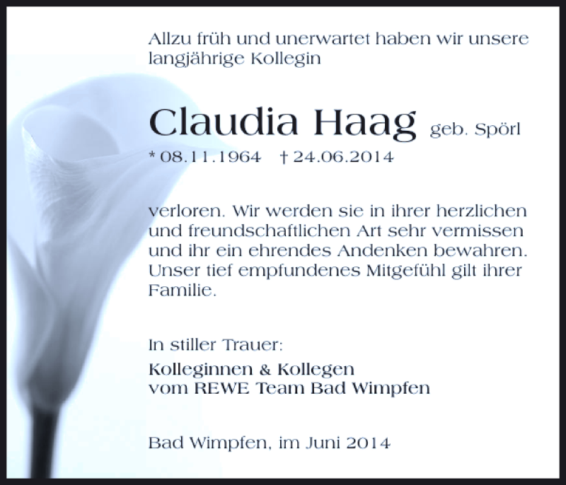  Traueranzeige für Claudia Haag vom 28.06.2014 aus 