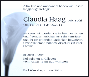 Traueranzeige von Claudia Haag 