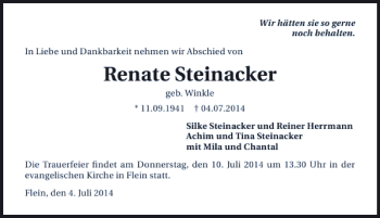 Traueranzeige von Renate Steinacker 