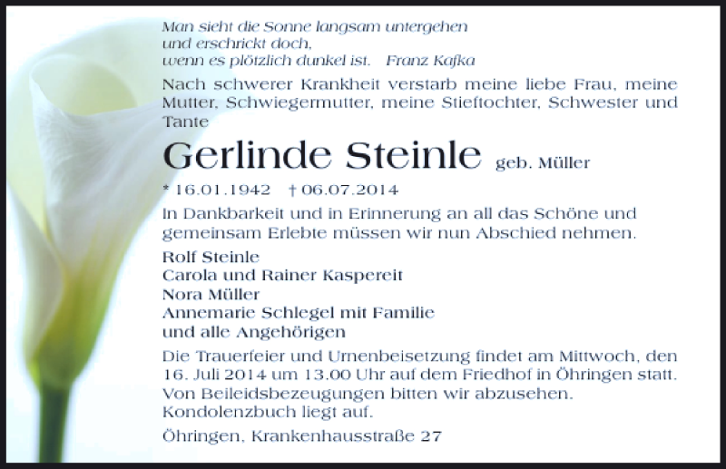  Traueranzeige für Gerlinde Steinle vom 11.07.2014 aus 