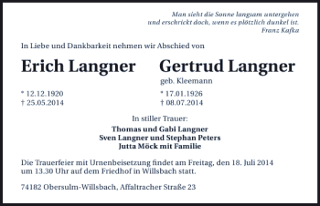 Traueranzeige von Erich Langner Langner 