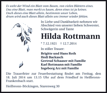 Traueranzeige von Hilda Rottmann 