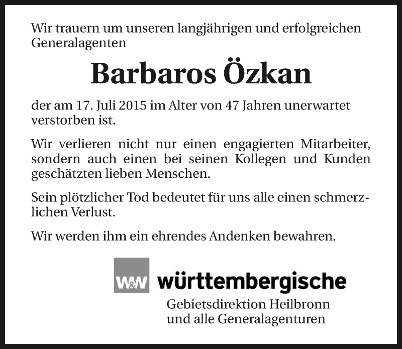  Traueranzeige für Barbaros Özkan vom 21.07.2015 aus 