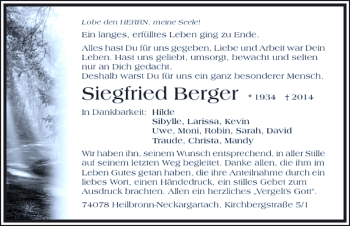 Traueranzeige von Siegfried Berger 