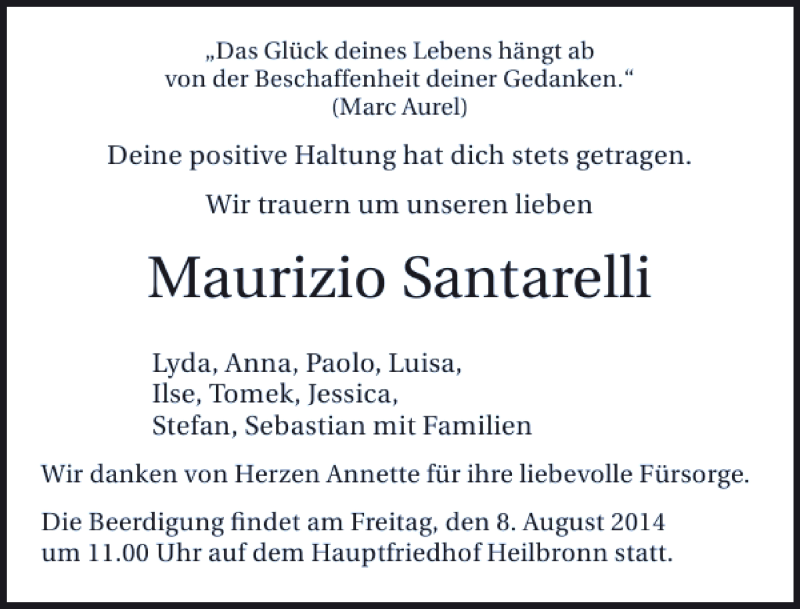  Traueranzeige für Maurizio Santarelli vom 06.08.2014 aus 