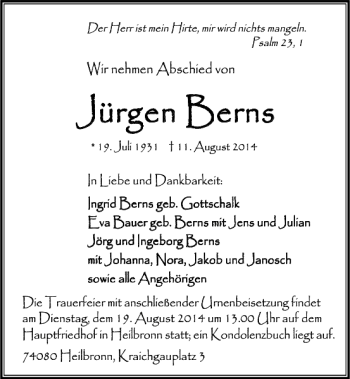 Traueranzeige von Jürgen Berns 